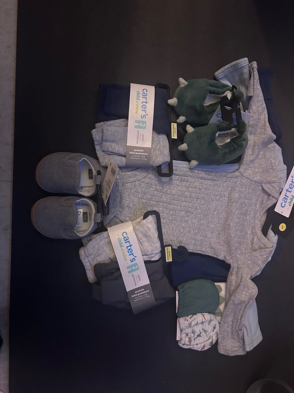 Carter's Gray & Navy Baby 7-Piece Outfit Set with Green Dino Slippers